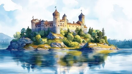 Fototapeta premium Large medieval stone castle with multiple towers situated on a rocky island surrounded by calm blue water reflecting the fortress and trees under a partly cloudy sky