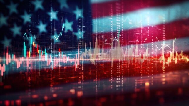 Digital financial graphs and data charts overlaid on a transparent american flag background symbolizing stock market and economic trends in the united states