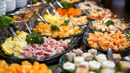 Variety of Appetizing Food Dishes Arranged on a Buffet Table for Catering