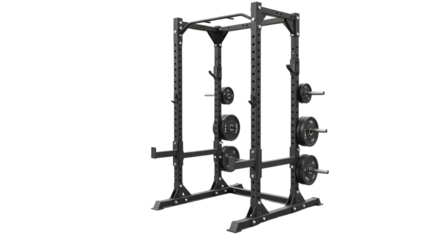 A sturdy weightlifting rack positioned in a gym setting, showcasing various weights, with fitness enthusiasts in the background