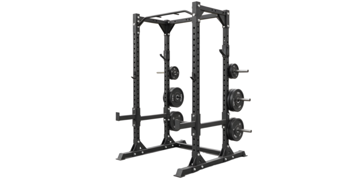 A sturdy weightlifting rack positioned in a gym setting, showcasing various weights, with fitness enthusiasts in the background