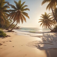 Obraz premium Sun-drenched palm trees arch over a vintage-toned sandy beach, ocean waves gently lapping the shore , warm, travel