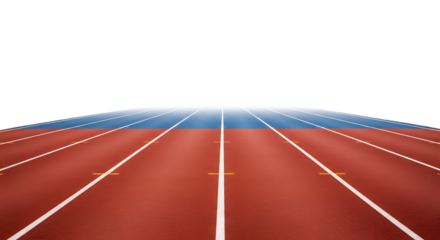 A vibrant athletic track stretching into the distance, showcasing a clear blue sky and ready for competition, ideal for sports themes