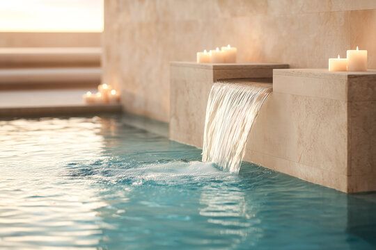 Close-up of blue water flowing in a pool decorated with candles at sunset - Powered by Adobe