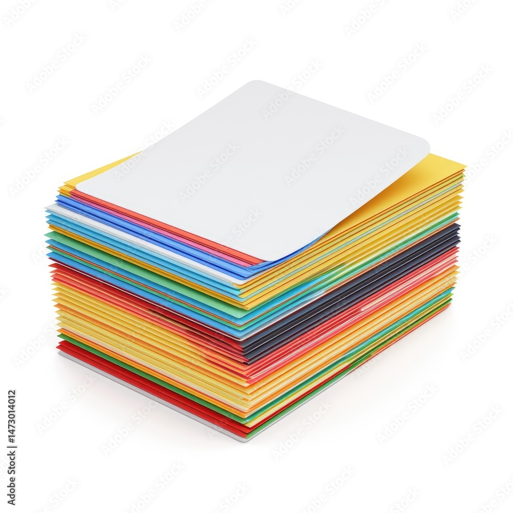 Aufkleber multicolored paper sheets stacked into a neat rectangular pile.