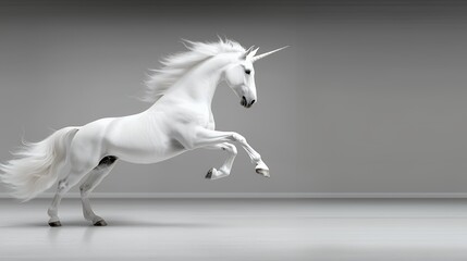 White Unicorn Leaping Against Gray Background