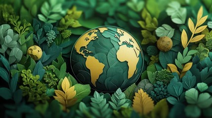 Globe featuring continents surrounded by dense green and gold foliage symbolizing nature and environmental harmony