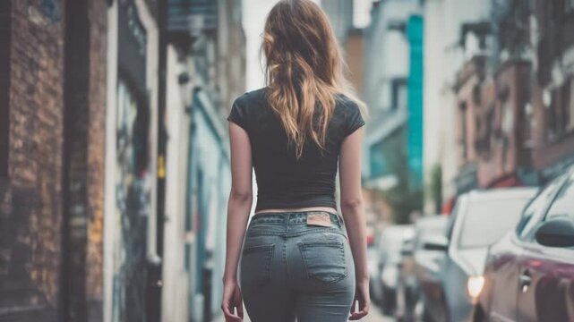 Woman walking street wearing jeans