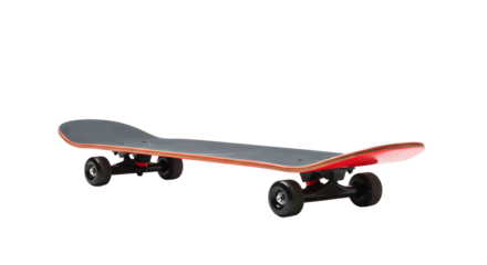 A vibrant skateboard resting on a smooth surface, showcasing its sleek design with a blurred urban background