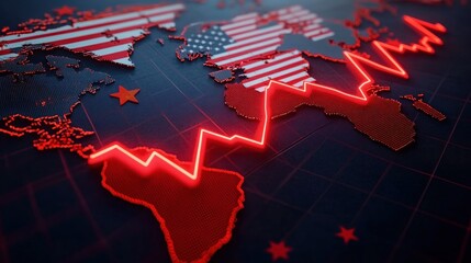 3D world map with highlighted countries showing a declining red stock market or financial trend line over parts of North America and Europe, evoking economic concern