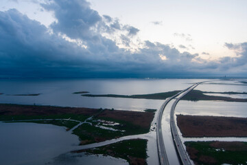 Aerial view of Mobile Bay at sunset in April