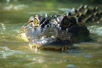 Naklejka premium Close-up of a crocodile partially submerged in water with intense eyes and visible textured skin, creating a calm yet alert atmosphere