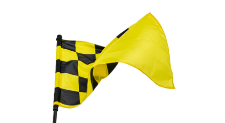 A vibrant yellow and black checkered flag waving in the wind, symbolizing competition and signaling in a racing context