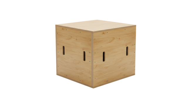 A wooden storage box with cut-out handles, placed on a plain background, ideal for home organization and decor