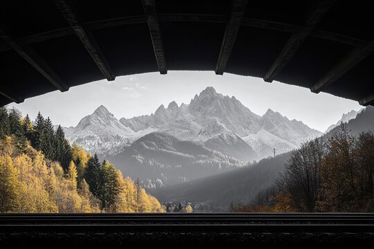 View of snow-capped jagged mountain peaks framed by a dark bridge structure with autumn trees in golden and green hues and a railway track in the foreground