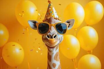 smiling giraffe wearing oversized sunglasses and a party hat with yellow balloons and confetti in the background creating a festive atmosphere