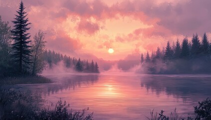 Obraz premium Misty lake sunset, serene landscape