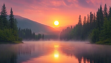 Fototapeta premium Serene sunrise over a misty mountain lake. A tranquil landscape of a calm lake reflecting a vibrant sunrise, surrounded by misty mountains and lush forests. 