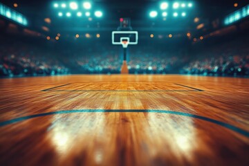 Empty basketball court with polished wooden floor and hoop under bright stadium lights and a packed crowd in the background