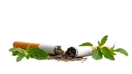 Close-up of broken cigarettes surrounded by fresh mint leaves, symbolizing the contrast between smoking and healthy choices
