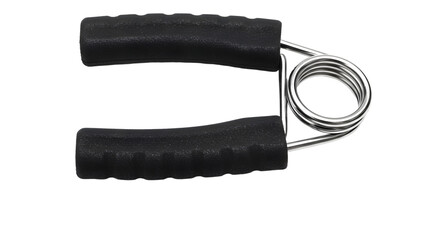 Close-up of a black hand gripper on a white background, showcasing its ergonomic design for strength training and fitness