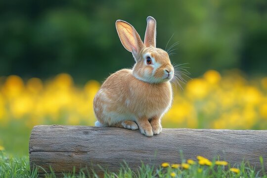 small brown rabbit sitting alert on a log surrounded by green grass and yellow flowers in a bright natural outdoor setting