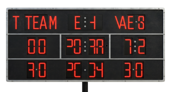 Digital scoreboard displaying a sports game score with red LED numbers, showing teams' points and time remaining