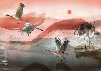 Cranes with pink fog