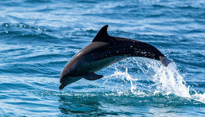 Obraz premium Dolphin leaping from blue sea. Water splashes around. Marine life in its natural habitat