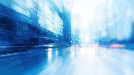 abstract blurred blue cityscape with reflections on wet street and glowing lights creating a dreamy, futuristic atmosphere