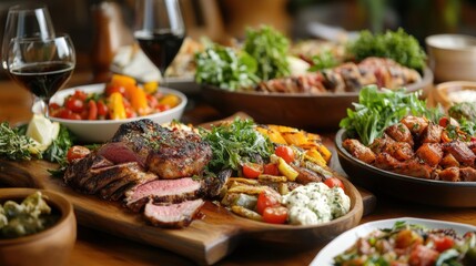 Obraz premium Sliced Roasted Beef Served with Grilled Vegetables and Salad Displayed on a Wooden Table
