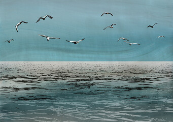Seagulls over sea