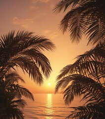 Elegant palm leaf silhouettes on sunset backdrop, paradise, image