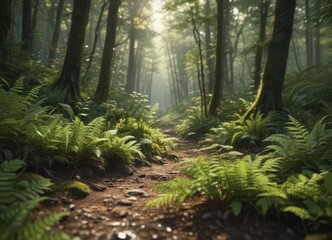 Fototapeta premium Sunlight dappled, mossy forest floor with ferns , nature, shadow