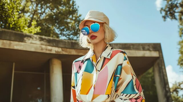 Retro fashion comeback, Woman wearing colorful shirt and trendy sunglasses