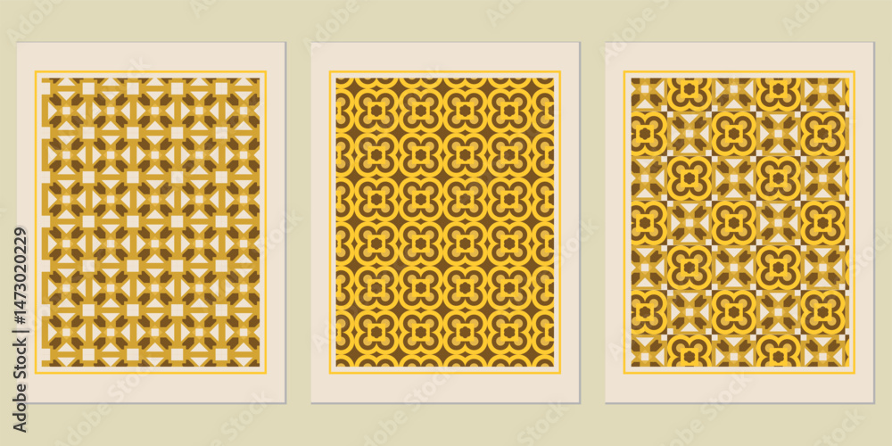 Poster geometric pattern set with retro flair: harmonious blend of shapes and colors in three unique variat