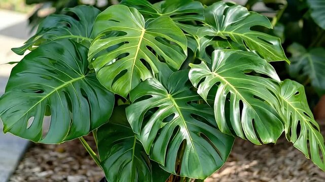 Close Up of Lush Green Monstera Leaves with Textured Surfaces Displaying Intricate Patterns and Natural Veins
