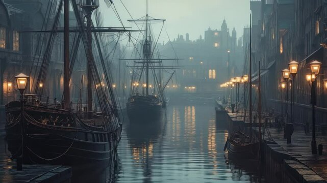 Serene harbor under the foggy veil, Ancient ships gently float