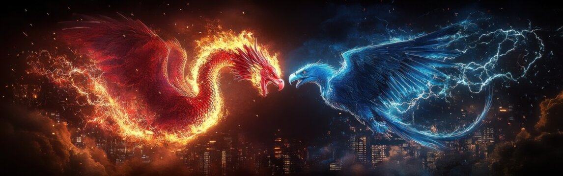 A fiery red phoenix and an electric blue phoenix bird face each other aggressively above a glowing city skyline at night, surrounded by flames and lightning, evoking intense energy and confrontation