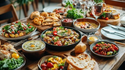 Obraz premium Festive Meal of Diverse Dishes Spread Across a Rustic Wooden Table
