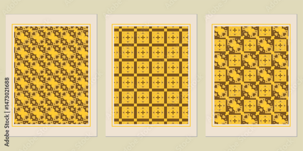 Poster geometric compositions with intricate patterns reminiscent of vintage tiles, presented as a harmonio
