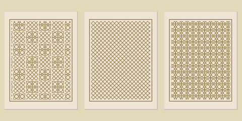 Harmonious trio of framed geometric patterns showcasing a subtle blend of cultural design elements and structured complexity in elegant simplicity