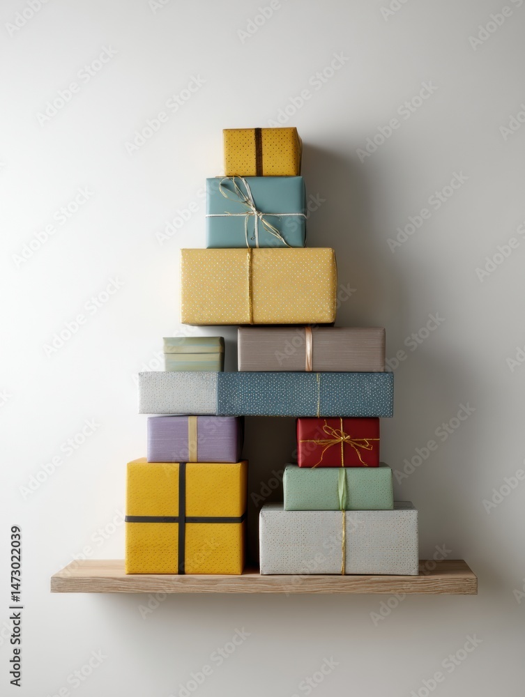Fototapete Stack of Colorful Presents Arranged on a Wooden Shelf Against a Minimalistic Backdrop With Large Negative Space Above