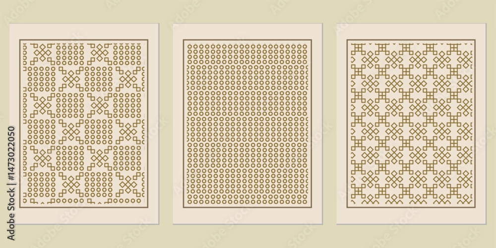 Poster elegant triptych featuring geometric patterns, showcasing an intricate interplay of circles and inte