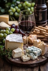Assorted Cheeses, Red Wine, Fresh Fruits, and Bread on a Rustic Wooden Table Perfect for a Gourmet Picnic or Elegant Dining Experience