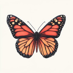 close-up view of an orange and black butterfly with detailed wing patterns on a white background