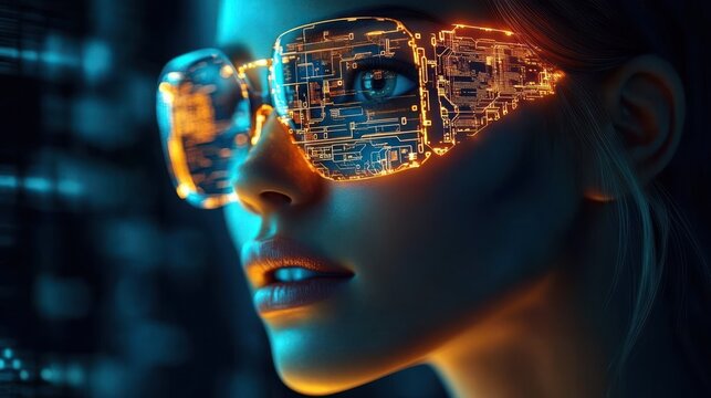 Close-up of a woman wearing futuristic glasses with glowing circuit patterns reflecting technology and digital innovation - Powered by Adobe