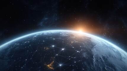 Fototapeta premium View of Earth from space showing illuminated city lights and network connections with a sunrise on the horizon against a starry sky