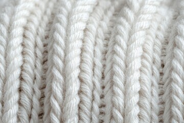 Close-up of soft white knitted fabric showing twisted yarn texture in vertical pattern under natural light