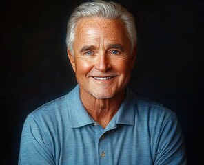 Obraz premium Portrait of a smiling elderly man with white hair and blue eyes wearing a light blue polo shirt against a dark background